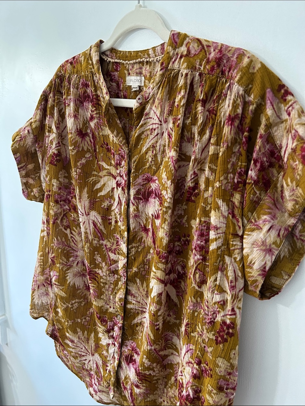 Pilcro Short Sleeved Batwing Button Blouse Mustard Pink Tropical Print Oversized - Picture 12 of 15
